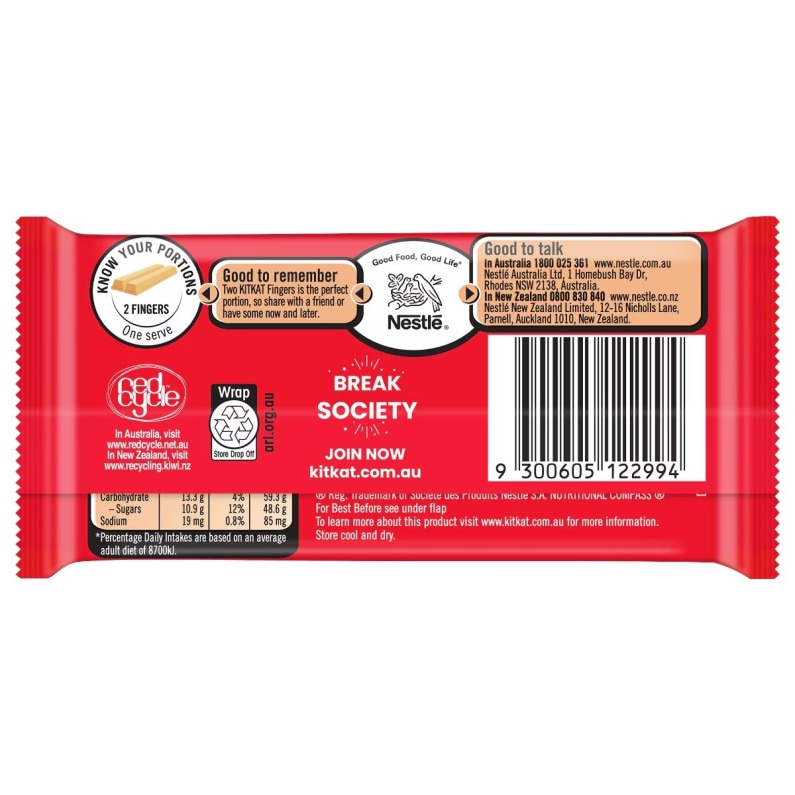 KitKat 4 Finger Gold Choc Bar 45g back of pack